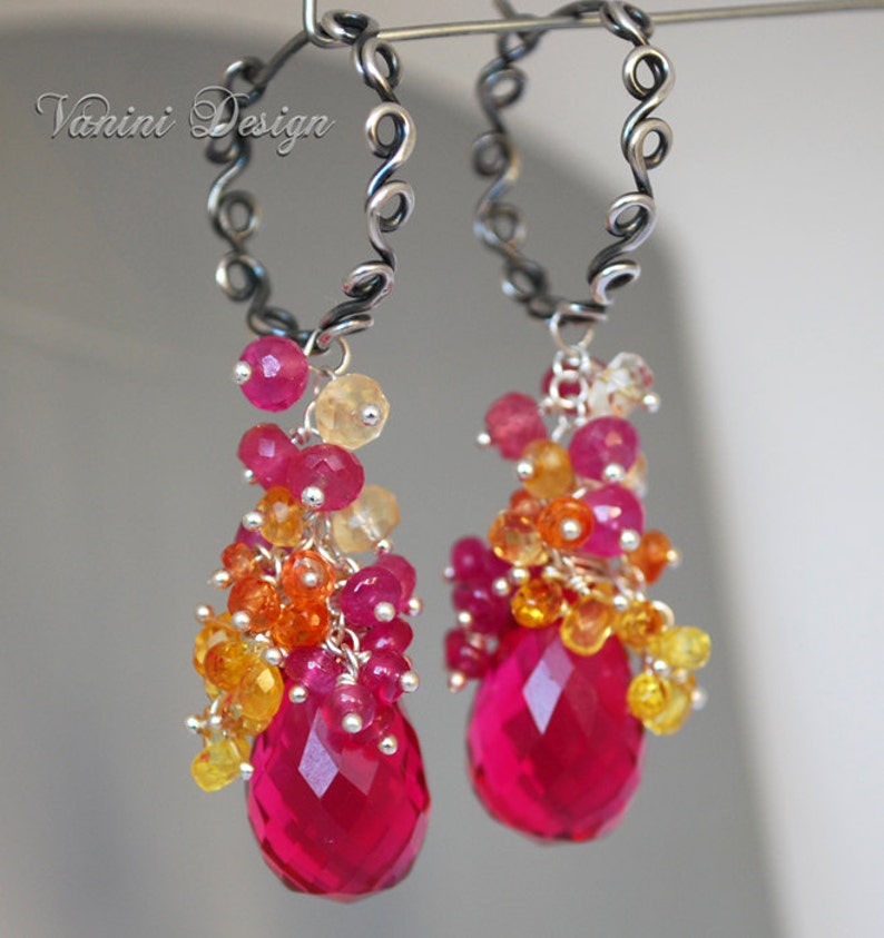 Bouquet Fine silver , Raspberry Quartz , Pink and Songea Sapphires , citrine and pink ruby earrings image 5
