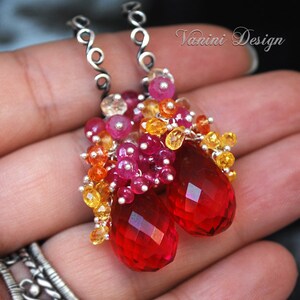 Bouquet Fine silver , Raspberry Quartz , Pink and Songea Sapphires , citrine and pink ruby earrings image 2