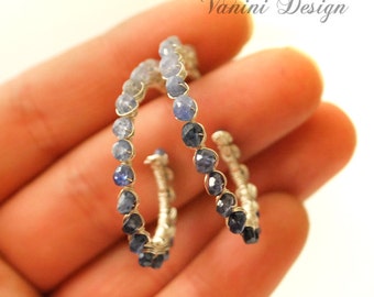 Sapphiria - Fine/sterling silver ,Burma blue sapphire hoop earrings