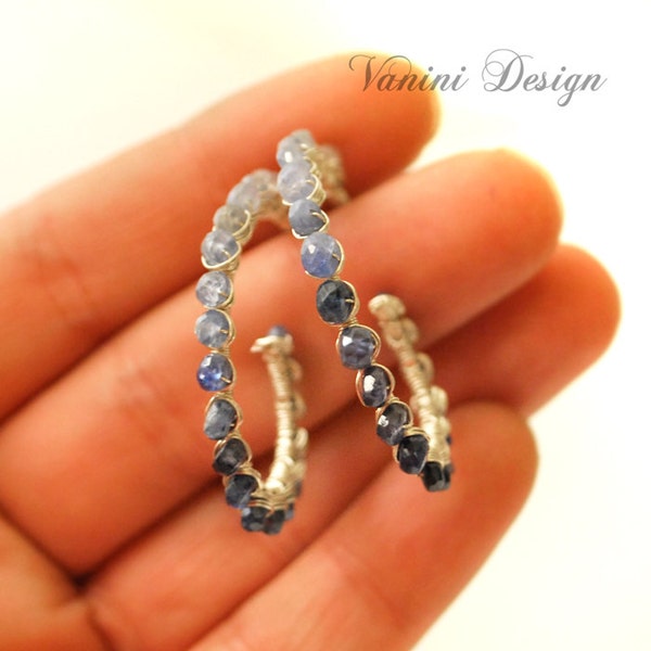 Sapphiria - Fine/sterling silver ,Burma blue sapphire hoop earrings
