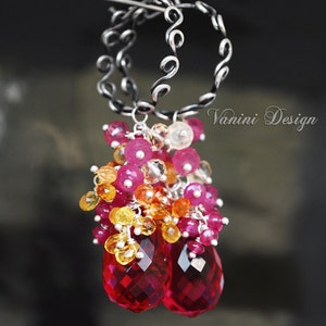 Bouquet Fine silver , Raspberry Quartz , Pink and Songea Sapphires , citrine and pink ruby earrings image 4