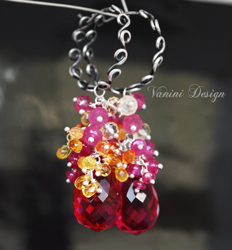 Bouquet Fine silver , Raspberry Quartz , Pink and Songea Sapphires , citrine and pink ruby earrings image 4