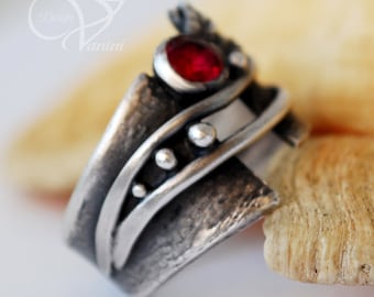 SILVER RING, Ruby ring, Statement ring, Wide band, One of a kind,Chunky ring, Fine silver ring, Solid silver, Unique ring, Gift for women