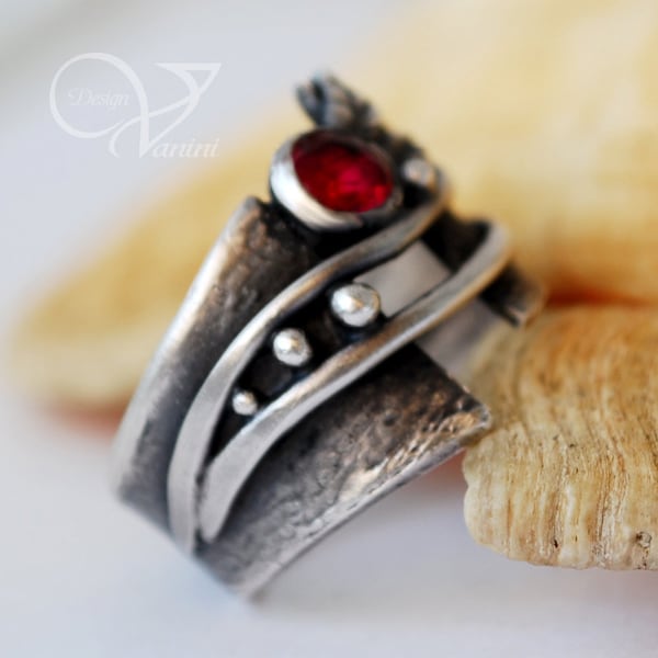 SILVER RING, Ruby ring, Statement ring, Wide band, One of a kind,Chunky ring, Fine silver ring, Solid silver, Unique ring, Gift for women