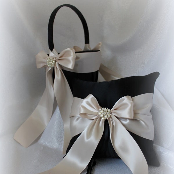 Black Satin Flower Girl Basket/Pillow with Beige/Sand Dune/Tan Satin Sash/Bow -Pearl and Rhinestone Cluster Accents-Age 4-7-U Pick Pieces