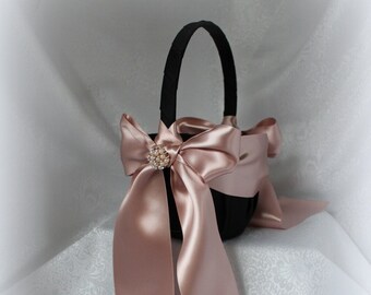 Black Flower Girl Basket/Ring Bearer Pillow-Deluxe Rose Gold/Mauve Satin Ribbons, Rose Gold Rhinestone Embellishment- Age 4-7-U Pick Pcs.