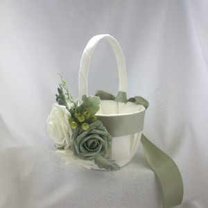 Ivory/White Satin Flower Girl Basket-Sage Green/Eucalypt Satin Ribbons/White/Ivory Flowers,Green Flowers/ Berries/Greenery-U Pick Size