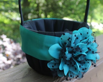 Black Satin Flower Girl Basket/Pillow with Jade Satin Sash and Large Fabric Flower with Tulle-Black Polka Dots-Age 7+