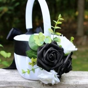 White/Ivory Satin Flower Girl Basket-Black Satin Ribbon/White and Black Faux Roses, Eucalyptus -Age 3-5, 4-7, 7+