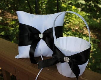 White/Ivory Flower Girl Basket/Ring Bearer Pillow-Black Satin Ribbons -Rhinestone Bling-Custom Ribbon Colors- U-Pick Pieces-Age to 5