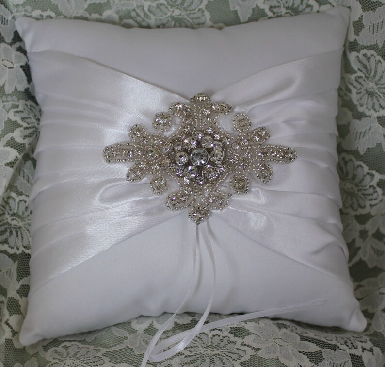 WHITE Satin Ring Bearer Pillow with Rhinestone Bling Etsy