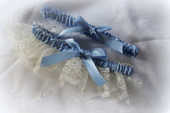 PLUS SIZE-Satin and 4" Wide Lace Garter Set-Includes Toss Garter- Blue/Bluebird/Dusty Blue-More Variations available