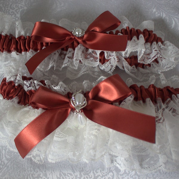 White or Ivory Lace and Rust Garters-Pearl Heart with Teardrop