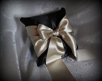 Black Satin Ring Bearer Pillow with Deluxe Champagne Satin Ribbon-More Deluxe Satin Ribbon Colors Available