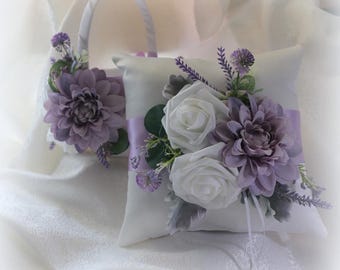 White or Ivory Flower Girl Basket and Pillow with Light Orchid Satin and Lavender and Faux Roses in Lavender, Greens and White
