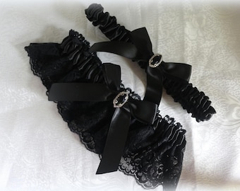 Wedding Garter-Black Nottingham Lace and Black Satin with Black Satin Toss-Satin Bow and Black and Rhinestone  Accent