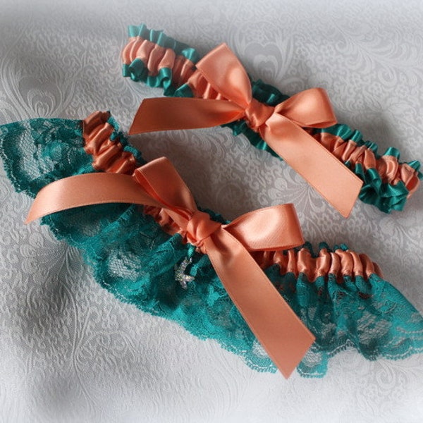 Teal/Jade and Salmon/Coral Garter Set- Swarovski Starfish Charm-Custom Colors Available