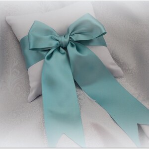 Ivory, White, Black, Silver Ring Bearer Pillow with Aqua Green Pool Luscious Ribbon
