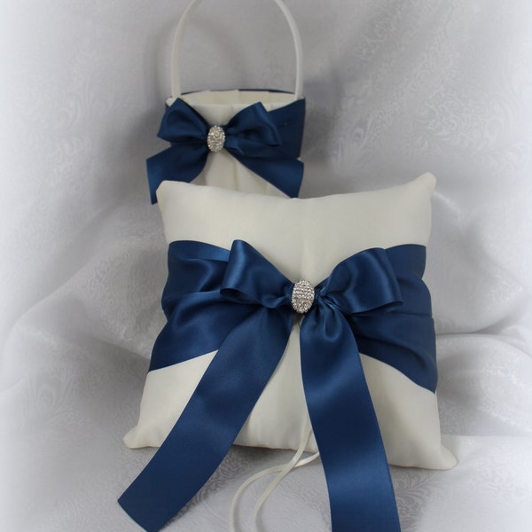 Ivory/White Flower Girl Basket/Ring Bearer Pillow-Light Navy Satin Ribbons Rhinestone Bling- U-Pick Pcs-Up to Age 4