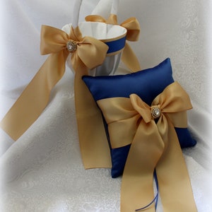White Satin Flower Girl Basket/Pillow-Royal Blue/Light Gold/Champagne Satin Sash, Gold Accents -Age 4-7-U Pick Pieces