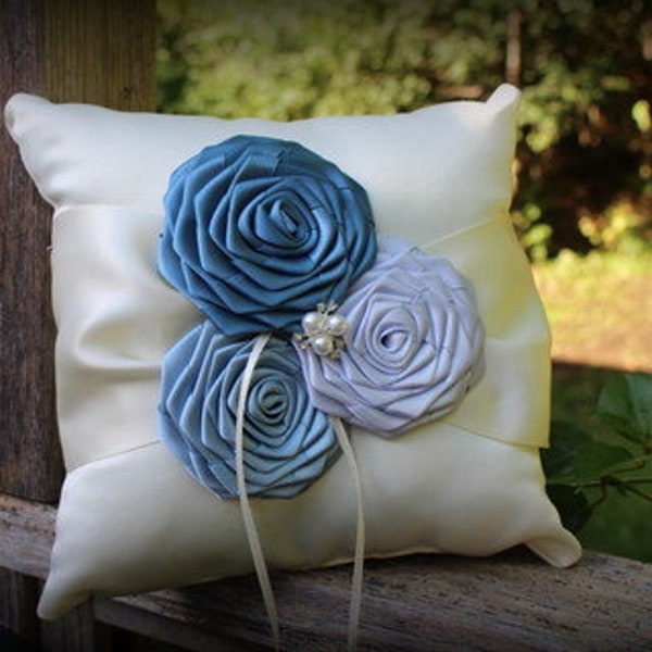 Ivory or White Ring Bearer Pillow with Satin Rosettes in French Blue, Bluebell and Antique Blue-Rhinestone /Pearl Accent