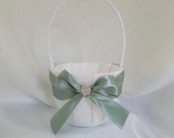 White,Ivory,Navy, Black Flower Girl Basket with Dusty Sage Bow/Ring Bearer Pillow Dusty Sage - Rhinestone Embellishment-Age 7+