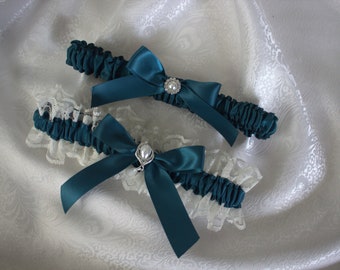 White or Ivory Lace and Teal Garters-Pearl Teardrop and Rhinestone Accent with Waterdrop
