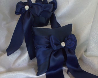Navy Satin Flower Girl Basket/Pillow with Navy Satin Sash and Bow/or No Bow- Rhinestone Cluster Accents-Age 2-5-U Pick Pieces