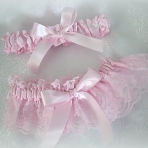 Romantic Lace Garter Set Ice Pink/Pale Pink-Includes Toss Garter-Satin Bows-No Bling