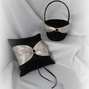 Black Satin Flower Girl Basket/Pillow with Beige/Sand Dune/Tan Satin Sash and Bow -Rhinestone Accent-Age 4-7-U Pick Pieces