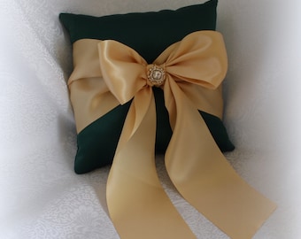 Hunter Green and Gold Ring Bearer Pillow-Champagne/Raw Silk, Gold Rhinestone Accent-Custom Ribbon Colors
