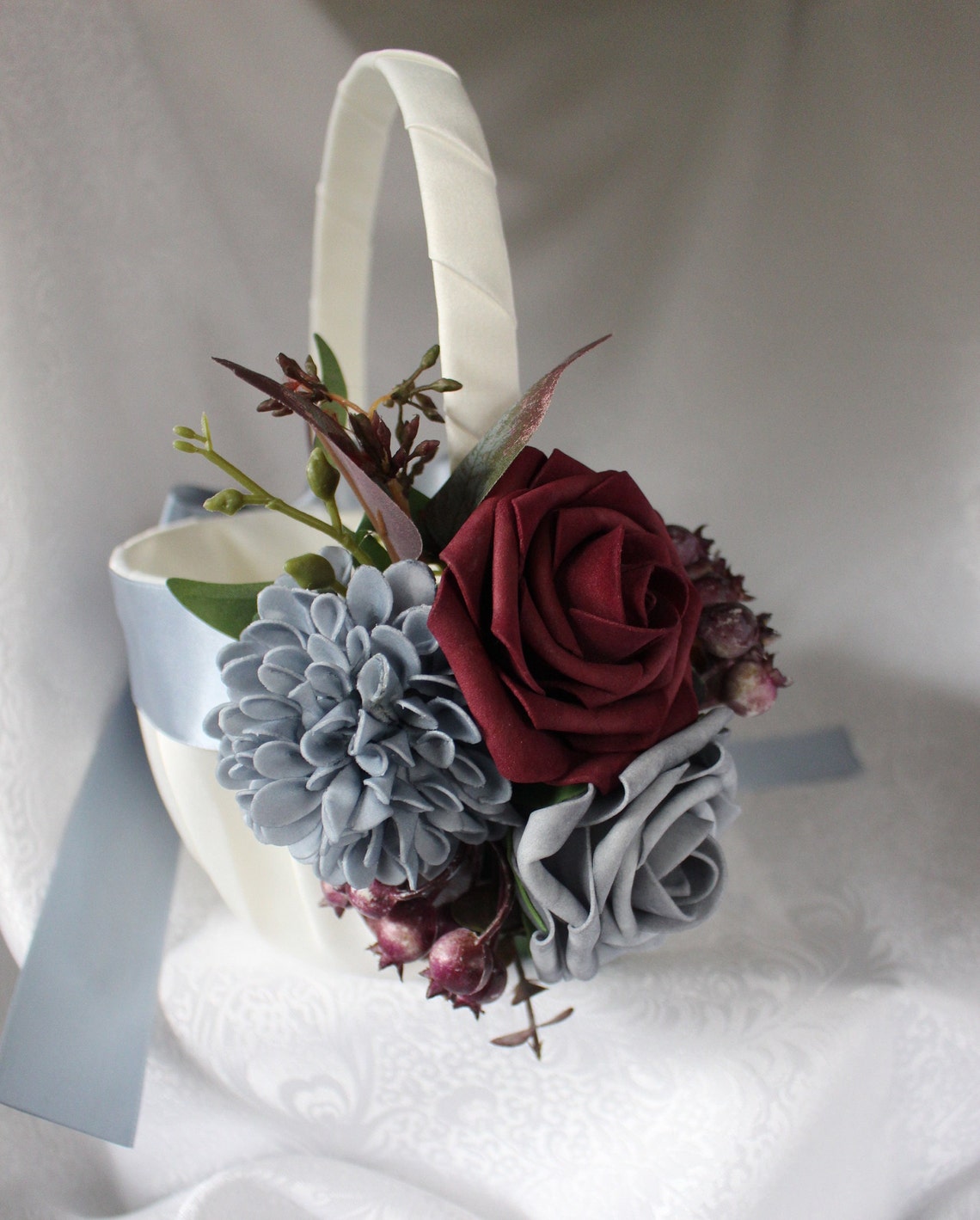 Ivory or White Satin Flower Girl Basket with Dusty Blue and image 1