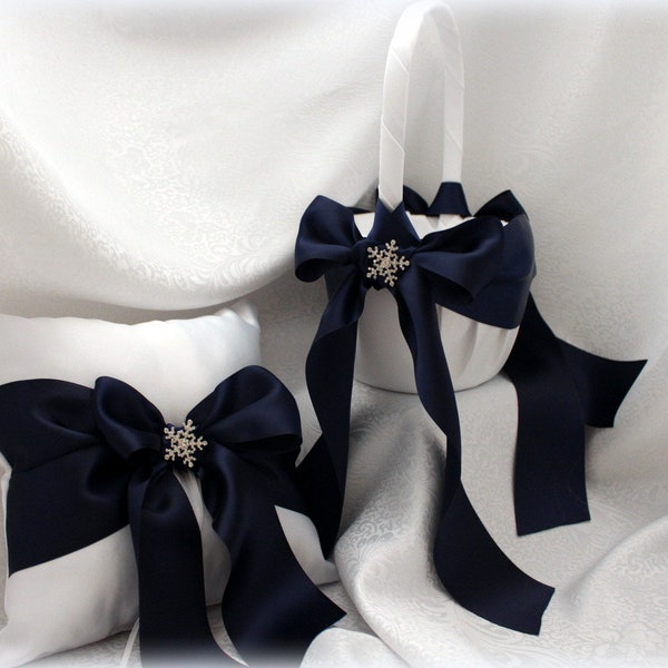 Ivory/White Satin Flower Girl Basket/Pillow-Navy Blue Satin Sash, Bow Rhinestone Snowflake Accents Christmas Wedding-Age 4-7-U Pick Pieces