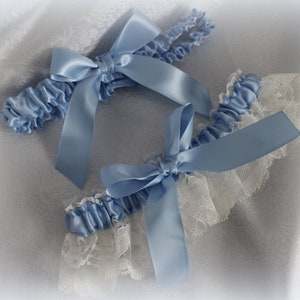 Bluebird/Dusty Blue/Blue Satin with White , Ivory, Black, Gray Lace-Matching Bows-No Bling