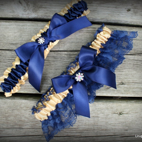 Gold/Champagne/Raw Silk with Navy Blue Lace Garter Set-Includes Toss Garter- Bows and AB Rhinestone Accents