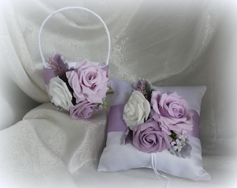White Flower Girl Basket and Ring Bearer Pillow Set-Shades of Lavender-Age 4-7-Only Set Available