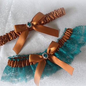 Teal/White/Ivory Lace with Copper/Rust/Ginger Satin Garter Set-Rhinestone Accent/ Prom Garter/Wedding Garter