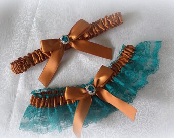 Teal/White/Ivory Lace with Copper/Rust/Ginger Satin Garter Set-Rhinestone Accent/ Prom Garter/Wedding Garter