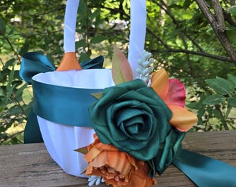 Ivory or White Satin Flower Girl Basket-Hunter Green/Burnt Orange or Teal/Burnt Orange Faux Rose/Ribbons-U Pick Size Basket and Pieces