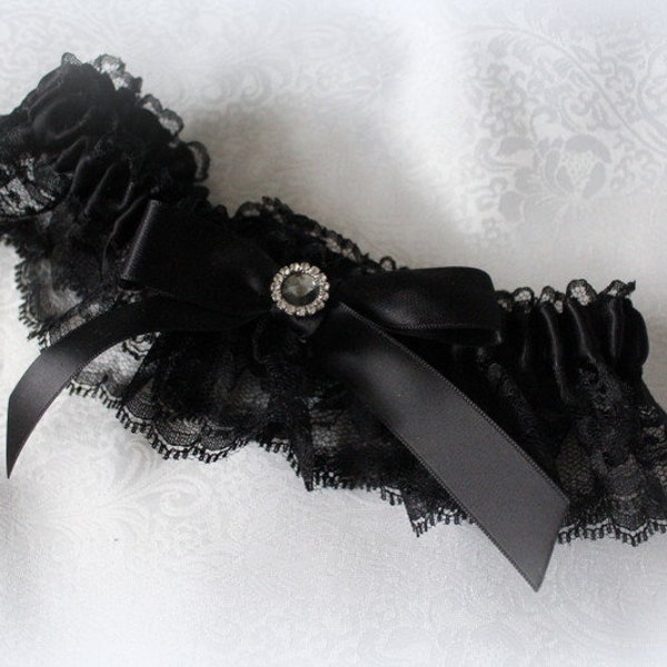 PROM GARTER/Wedding Garter-Black Lace and Black Satin-Satin Bow and Black Rhinestone Accent