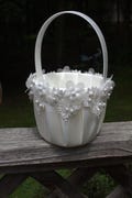 Large- Ivory/White Flower Girl Basket Dimensional Detail Pearl Accent Embroidered Trim-Age 7+