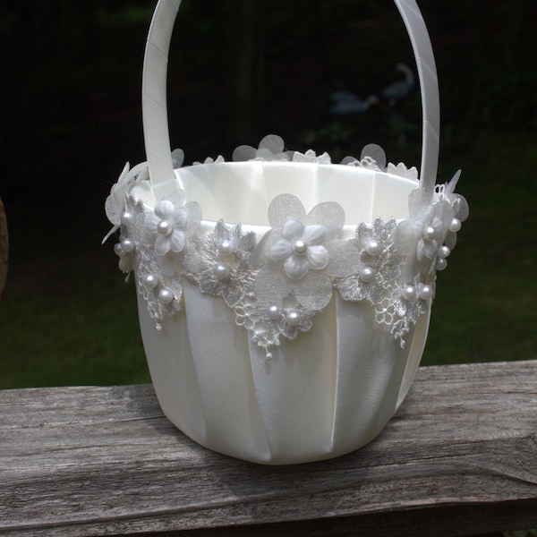 Large- Ivory/White Flower Girl Basket Dimensional Detail Pearl Accent Embroidered Trim-Age 7+