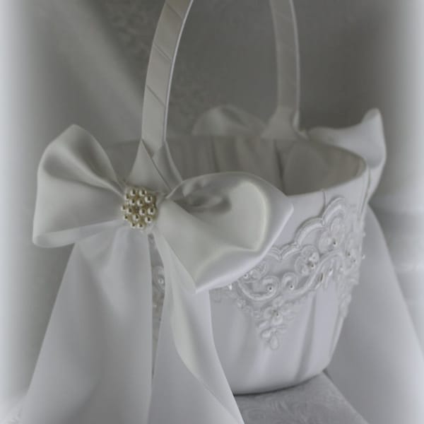 XL-White/Ivory Flower Girl Basket-Satin Ribbons,Lace, Sequins, Pearls-Rhinestone-Custom Ribbon Colors-Flower Girls Age 8+