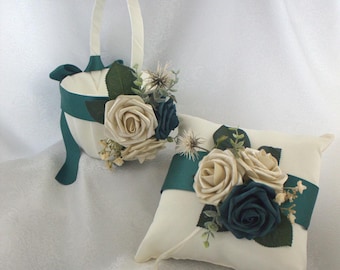 Hunter Green and Champagne/Flower Girl Basket/ Ring Bearer Pillow-Faux Flowers, Winter Wedding/Emerald Christmas Wedding-3 size baskets