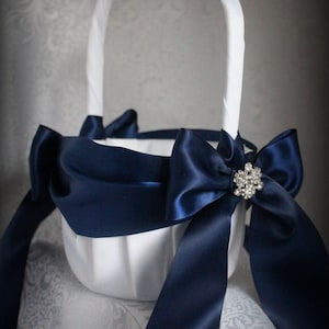 Larger-Ivory or White Flower Girl Basket -With Navy Satin Ribbons, Rhinestones-Custom Color Ribbons-Age 4-7