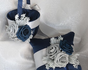 Navy Flower Girl Basket/Pillow with Light Silver Satin and Navy Accents-Age 3-5/4-7 or 7+-U Pick Items Needed