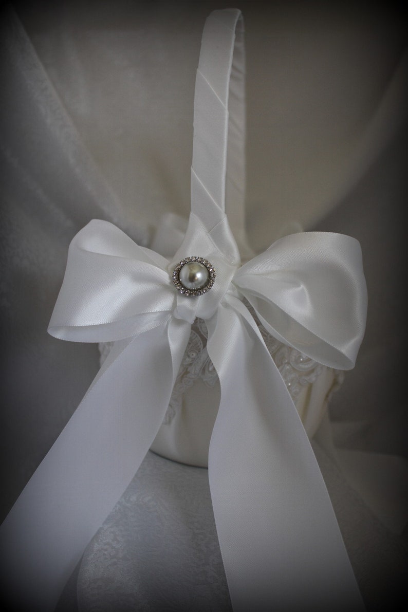 White/ivory Satin Flower Girl Basket With White Pink Mint Etsy