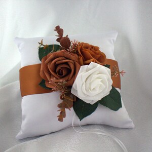 White or Ivory Flower Ring Bearer Pillow with Copper Satin and Terracotta and Burnt Orange Faux Roses