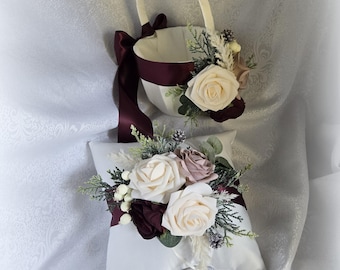 Ivory Flower Girl Basket/Pillow-Winter Theme/Christmas-Burgundy Satin Ribbon,Taupe, Ivory,Burgundy Rose,Sparkling Pine,Pine Cones-Age 4-7