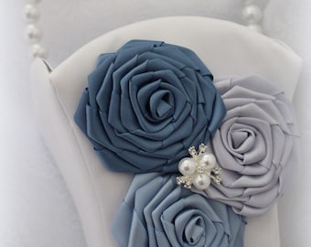 Ivory  Flower Girl Basket with Shades of Dusty Blues Satin Flowers with Pearls-Age 4-7